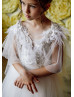 Ruffle Sleeves Beaded Ivory Lace Tulle Feather Flower Girl Dress